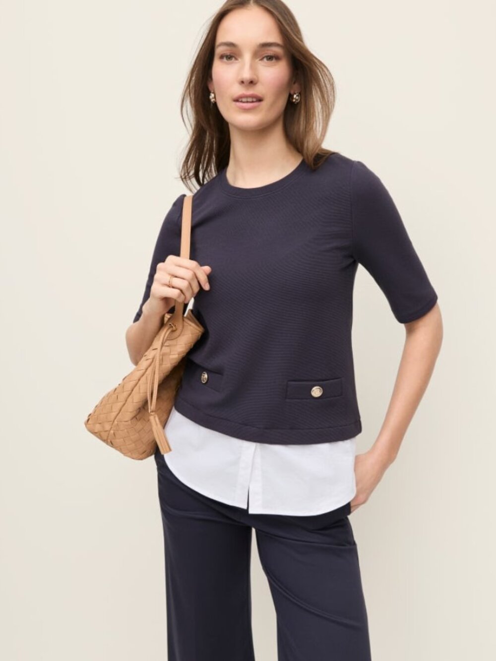 Ann Taylor Petite Layered Mixed Media Top Size Medium in Night Sky Navy